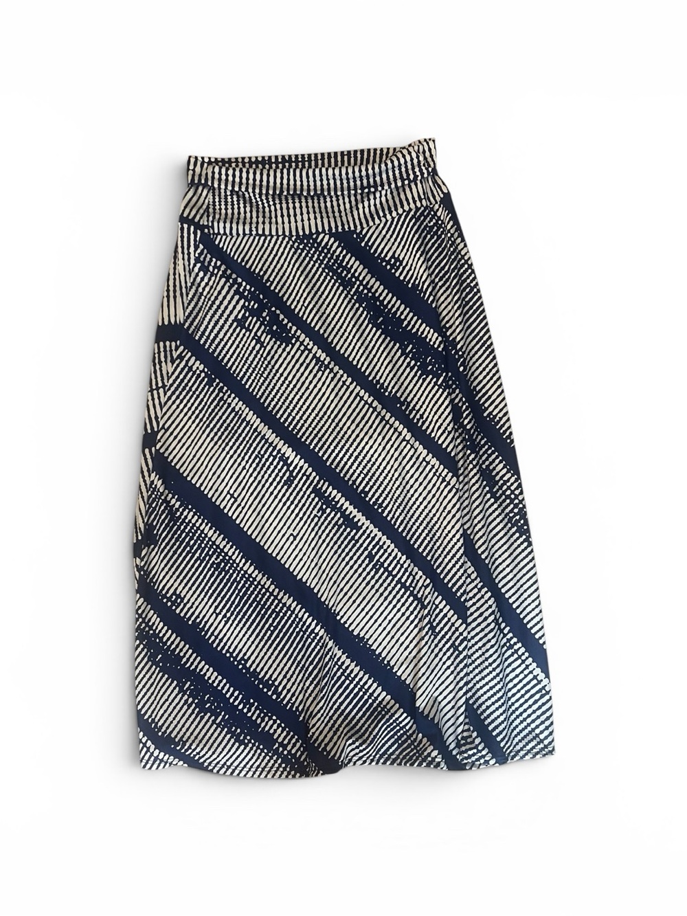 Sunnyโ Leigh Navy Blue White Abstract Stripe Elastic Waist Midi Skirt Womens L